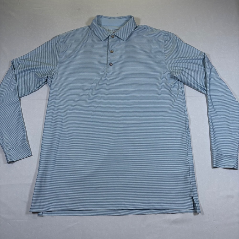 Hickey Freeman Golf Mens Medium Blue White Striped Long Sleeve Polo Shirt